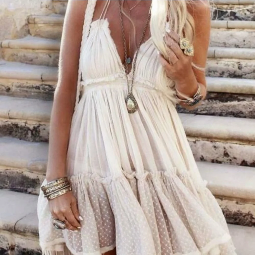 NEW Plunge Halter Dot Ruffle Mini Sundress Summer Off White Cream Ivory - Picture 7 of 12